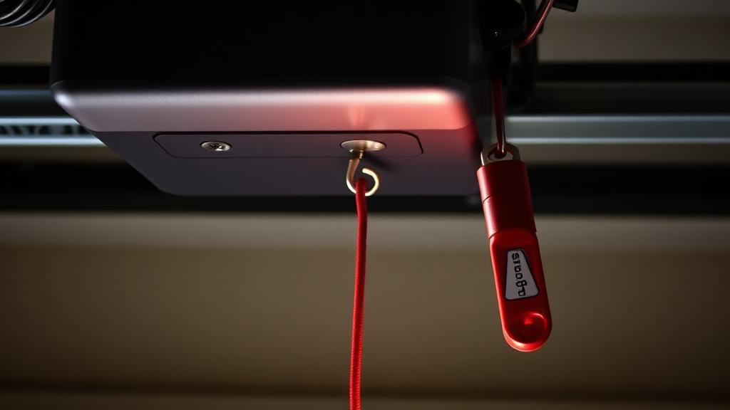 Red emergency release handle on garage door opener for manual operation during power outages