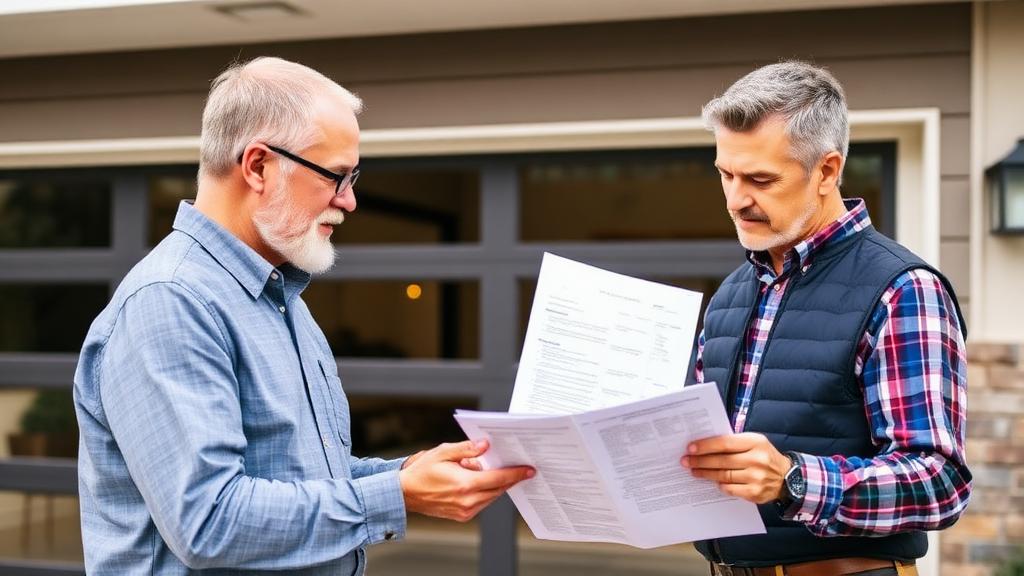 Homeowner reviewing garage door financing paperwork with sales consultant