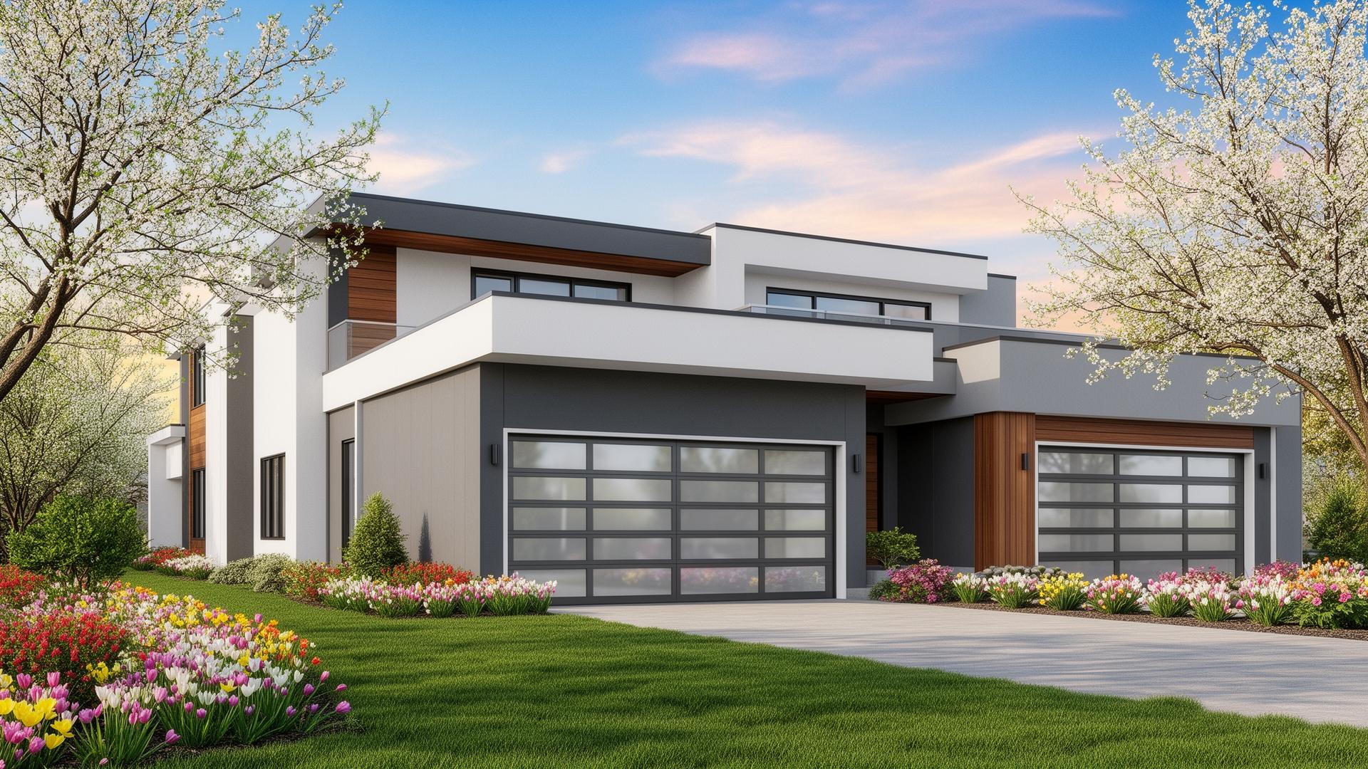 Modern contemporary house with aluminum glass panel garage doors on a beautiful spring day