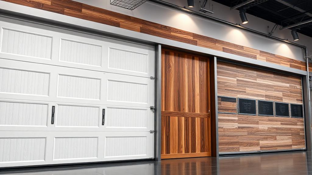 Showroom display of various garage door materials including steel wood and aluminum options