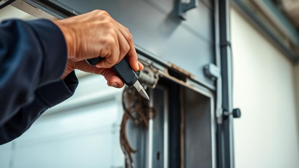 Professional technician repairing a garage door panel with specialized tools