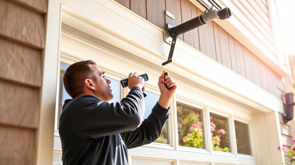 Technician lubricating garage door springs during seasonal maintenance service